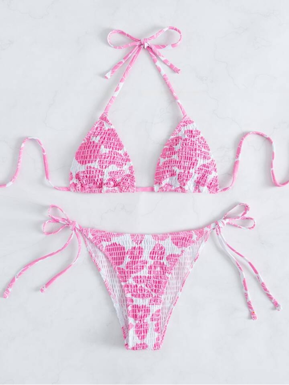 Swim Mod Summer Beach Random Print Smocked Halter Bikini